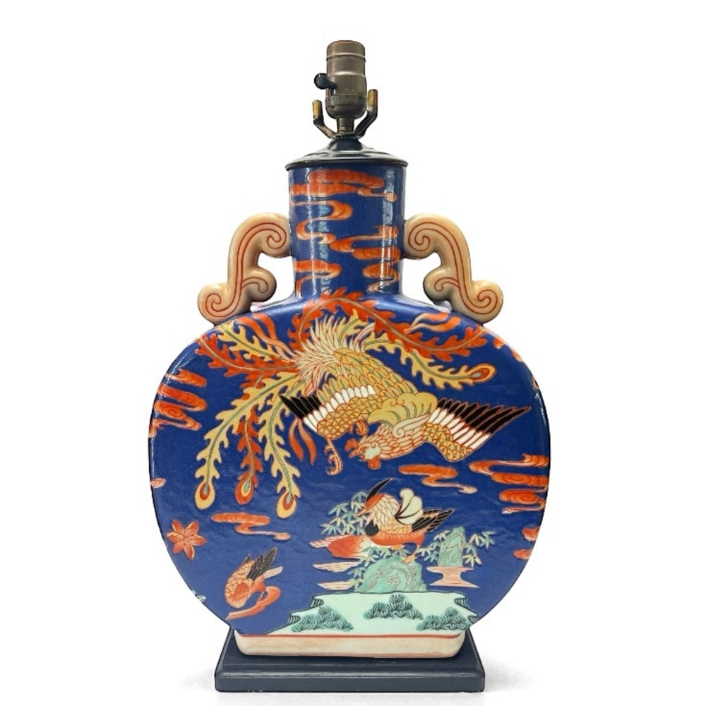 Vintage Chinese Moon Flask Vase Floral Bird Motif Large Scale Porcelain Lamp